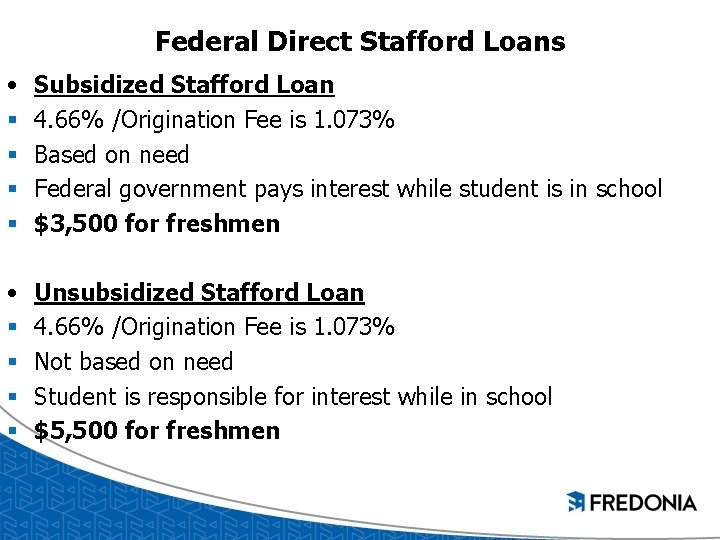Federal Direct Stafford Loans • § § Subsidized Stafford Loan 4. 66% /Origination Fee Federal Direct Stafford Loans • § § Subsidized Stafford Loan 4. 66% /Origination Fee