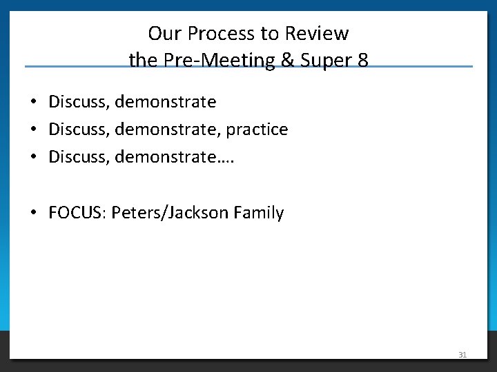 Our Process to Review the Pre-Meeting & Super 8 • Discuss, demonstrate, practice •