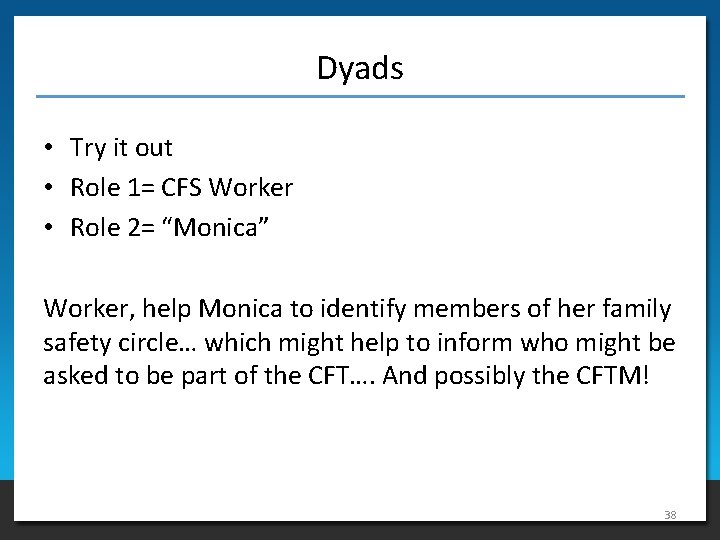 Dyads • Try it out • Role 1= CFS Worker • Role 2= “Monica”