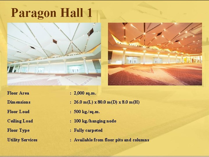 Paragon Hall 1 Floor Area : 2, 000 sq. m. Dimensions : 26. 0
