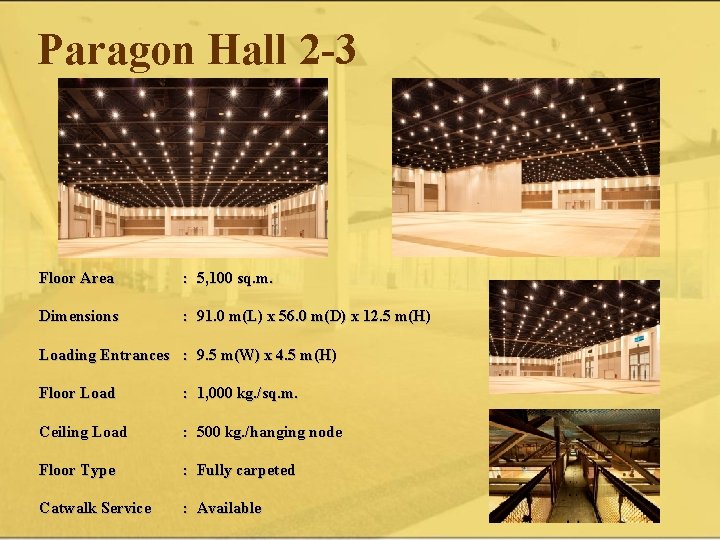 Paragon Hall 2 -3 Floor Area : 5, 100 sq. m. Dimensions : 91.