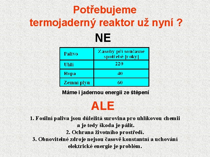 Potřebujeme termojaderný reaktor už nyní ? NE Máme i jadernou energii ze štěpení ALE