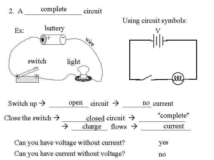 complete 2. A ________ circuit Ex: battery + switch wi Using circuit symbols: V