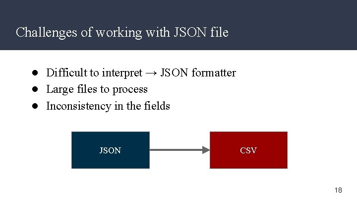 Challenges of working with JSON file ● Difficult to interpret → JSON formatter ●