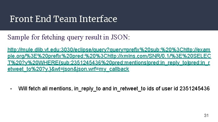 Front End Team Interface Sample for fetching query result in JSON: http: //mule. dlib.