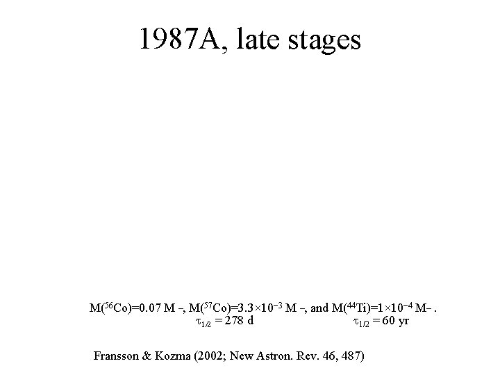 1987 A, late stages M(56 Co)=0. 07 M ¯, M(57 Co)=3. 3× 10− 3