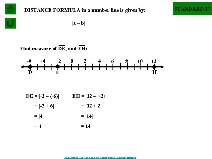 STANDARD 17 DISTANCE FORMULA in a number line is given by: |a – b|