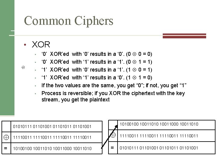 Common Ciphers • XOR • • • ‘ 0’ XOR’ed with ‘ 0’ results