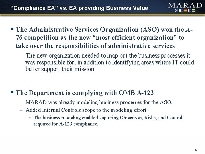 “Compliance EA” vs. EA providing Business Value § The Administrative Services Organization (ASO) won “Compliance EA” vs. EA providing Business Value § The Administrative Services Organization (ASO) won