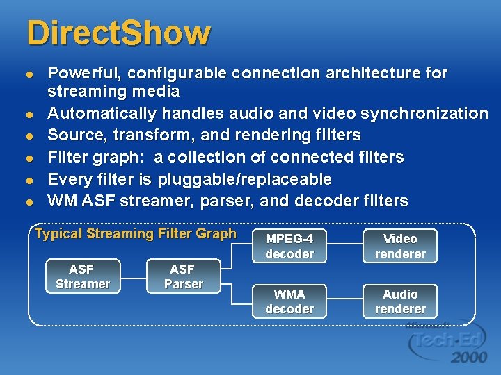 Direct. Show l l l Powerful, configurable connection architecture for streaming media Automatically handles Direct. Show l l l Powerful, configurable connection architecture for streaming media Automatically handles