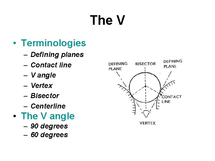 The V • Terminologies – – – Defining planes Contact line V angle Vertex