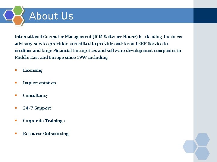 About Us International Computer Management (ICM Software House) is a leading business advisory service