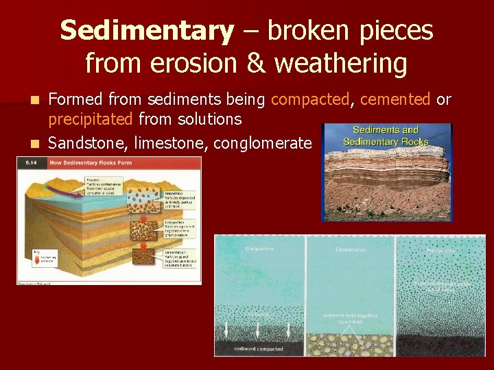 Sedimentary – broken pieces from erosion & weathering Formed from sediments being compacted, cemented