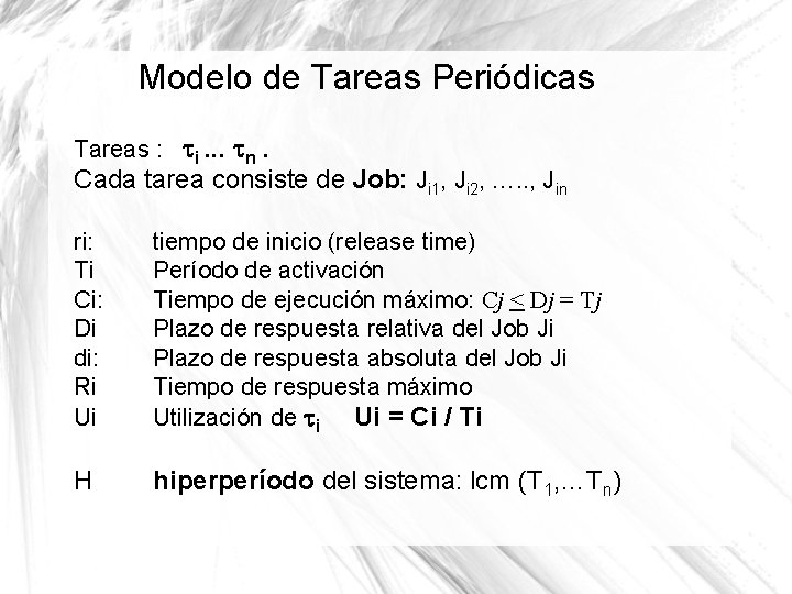 Modelo de Tareas Periódicas Tareas : i. . . n. Cada tarea consiste de