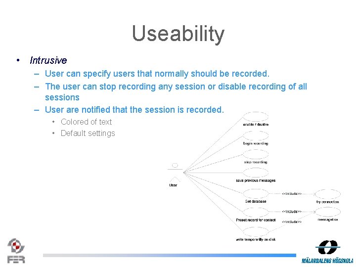 Useability • Intrusive – User can specify users that normally should be recorded. –