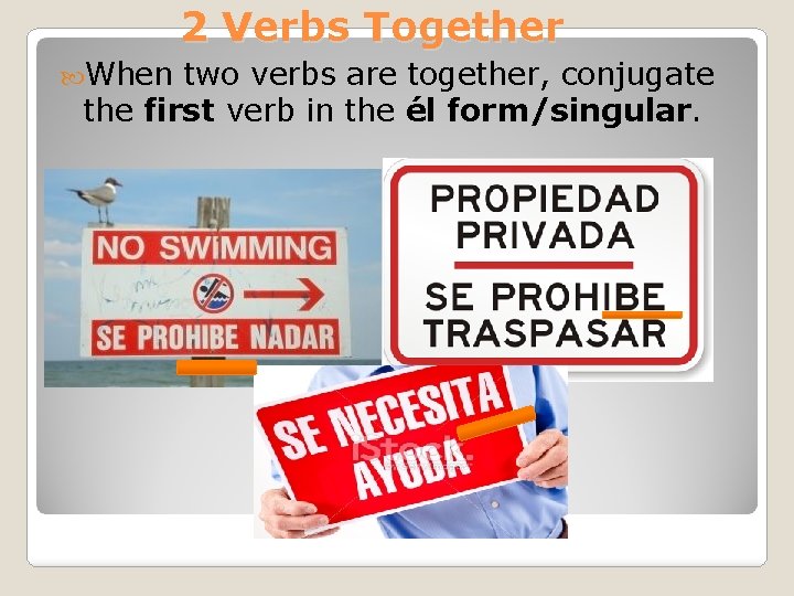 2 Verbs Together When two verbs are together, conjugate the first verb in the