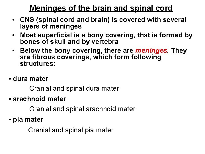 Meninges of the brain and spinal cord • CNS (spinal cord and brain) is