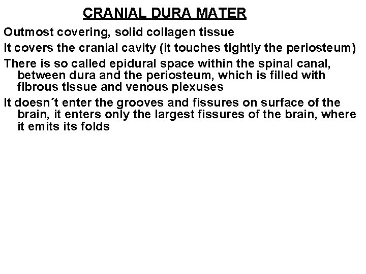 CRANIAL DURA MATER Outmost covering, solid collagen tissue It covers the cranial cavity (it