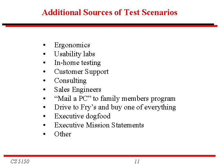 Additional Sources of Test Scenarios • • • CS 5150 Ergonomics Usability labs In-home