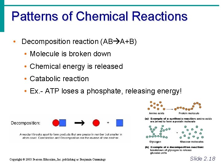 Patterns of Chemical Reactions • Decomposition reaction (AB A+B) • Molecule is broken down Patterns of Chemical Reactions • Decomposition reaction (AB A+B) • Molecule is broken down