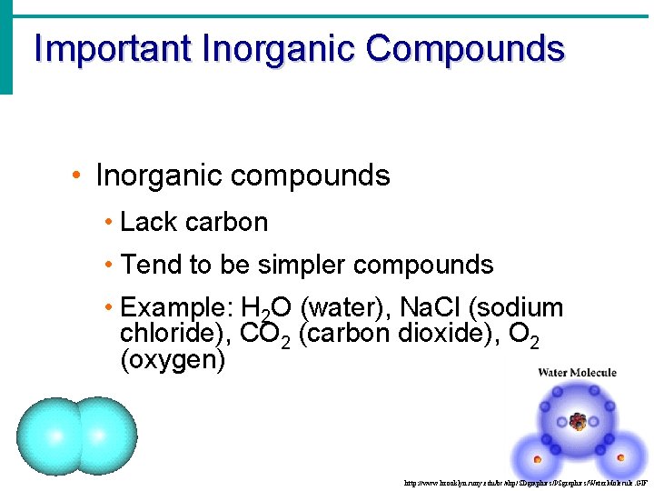 Important Inorganic Compounds • Inorganic compounds • Lack carbon • Tend to be simpler Important Inorganic Compounds • Inorganic compounds • Lack carbon • Tend to be simpler