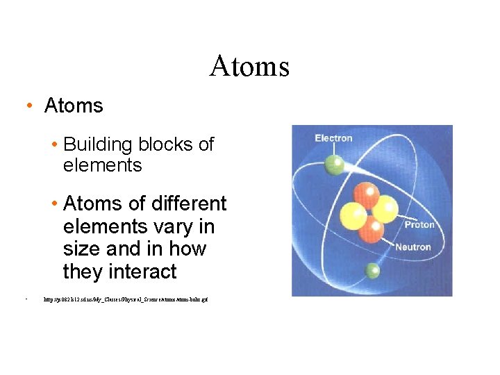 Atoms • Building blocks of elements • Atoms of different elements vary in size Atoms • Building blocks of elements • Atoms of different elements vary in size