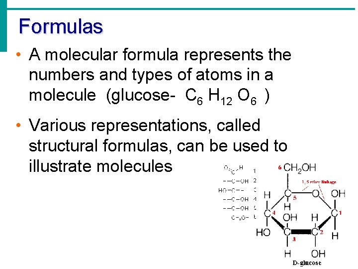 Formulas • A molecular formula represents the numbers and types of atoms in a Formulas • A molecular formula represents the numbers and types of atoms in a