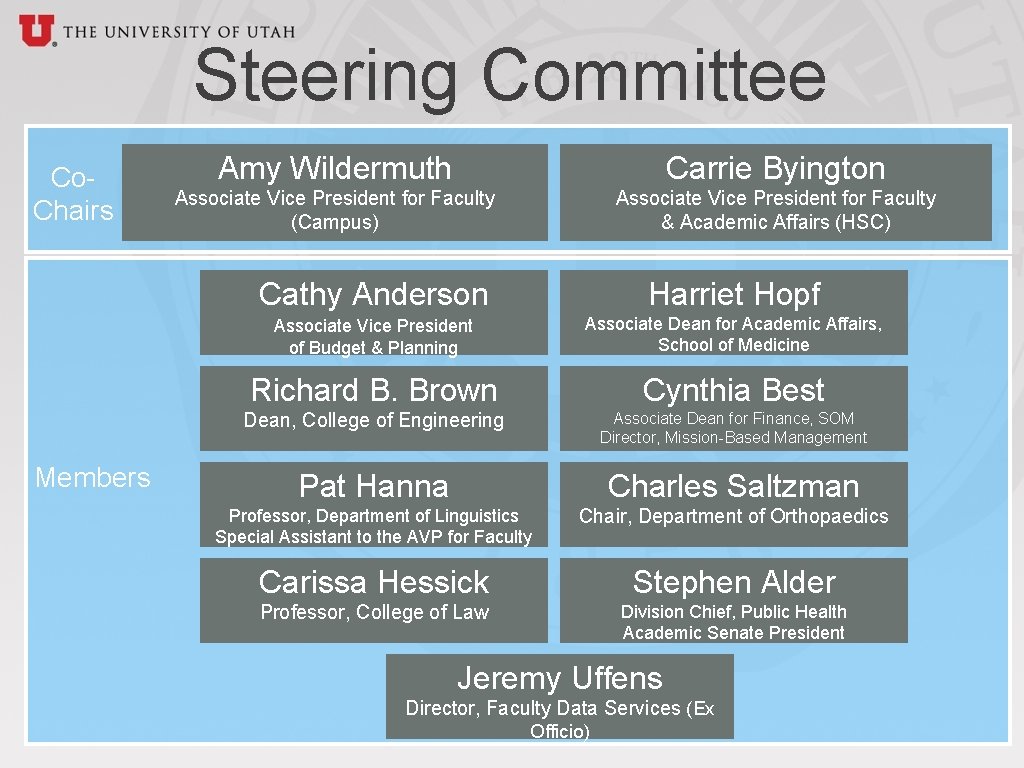 Steering Committee Co. Chairs Members Amy Wildermuth Carrie Byington Associate Vice President for Faculty