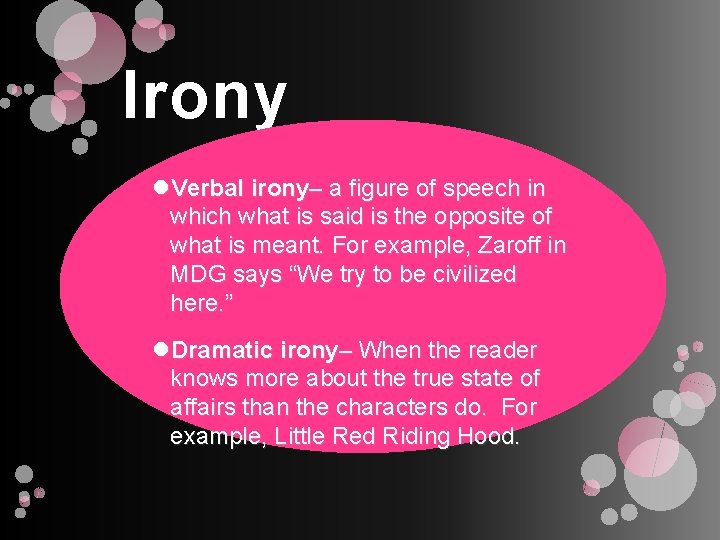 Irony Verbal irony– a figure of speech in which what is said is the