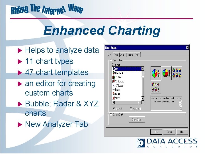 Enhanced Charting u u u Helps to analyze data 11 chart types 47 chart