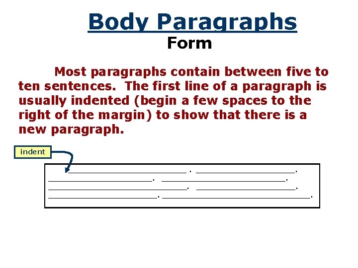 Body Paragraphs Form Most paragraphs contain between five to ten sentences. The first line