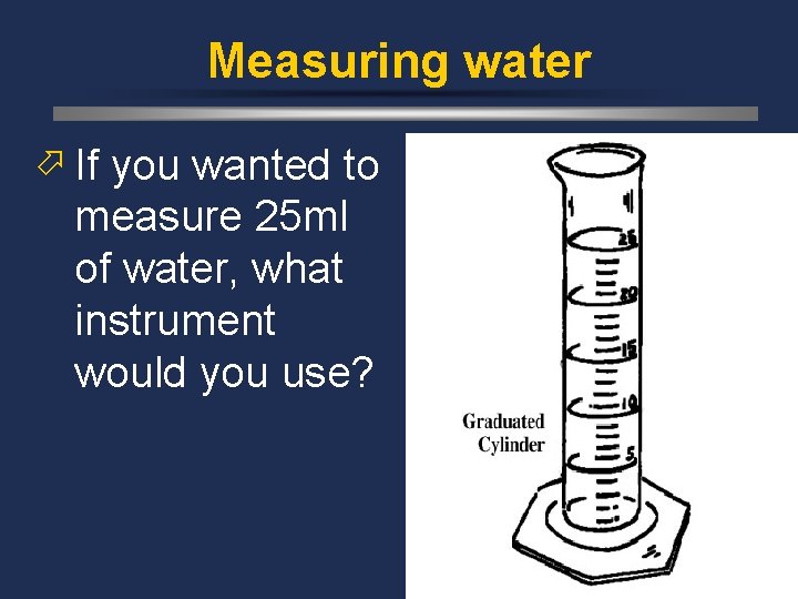 Measuring water ö If you wanted to measure 25 ml of water, what instrument