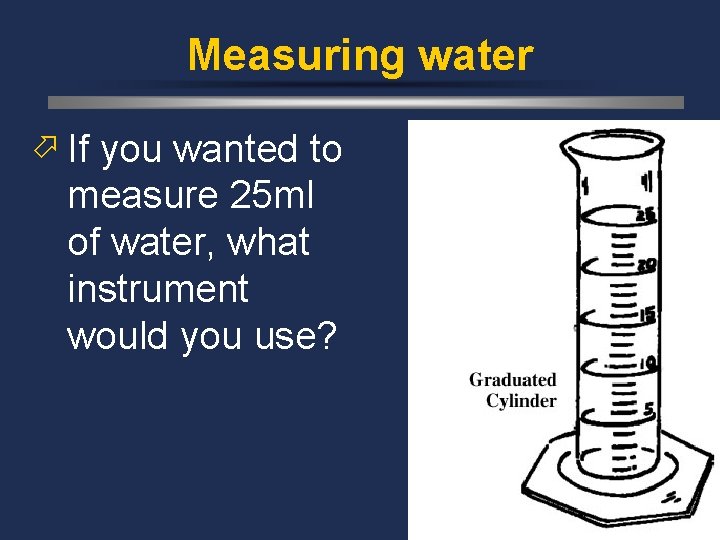 Measuring water ö If you wanted to measure 25 ml of water, what instrument