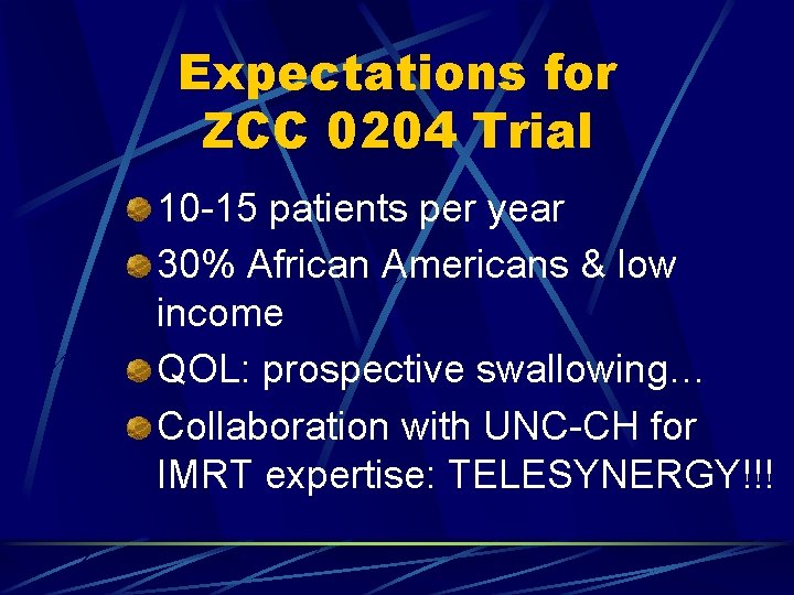 Expectations for ZCC 0204 Trial 10 -15 patients per year 30% African Americans &