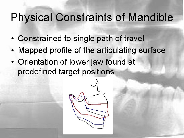 Physical Constraints of Mandible • Constrained to single path of travel • Mapped profile