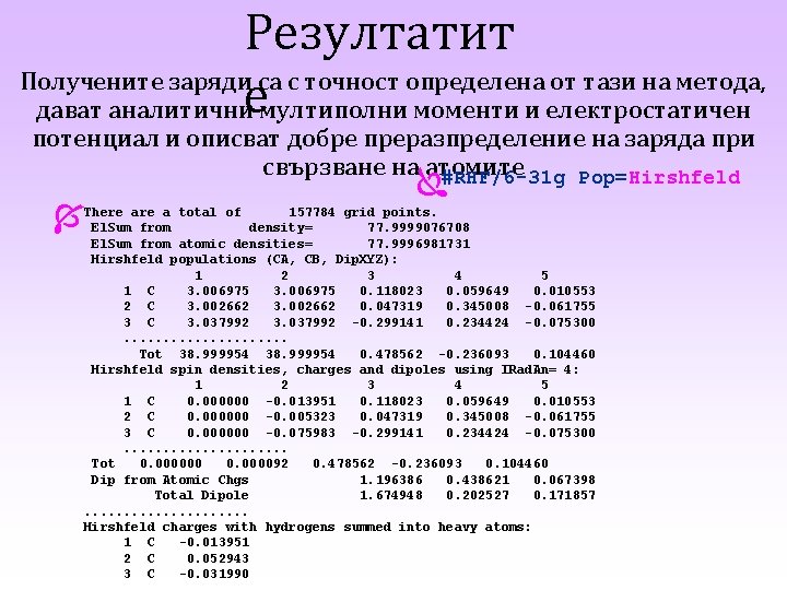 Резултатит Получените заряди са с точност определена от тази на метода, дават аналитичниемултиполни моменти Резултатит Получените заряди са с точност определена от тази на метода, дават аналитичниемултиполни моменти
