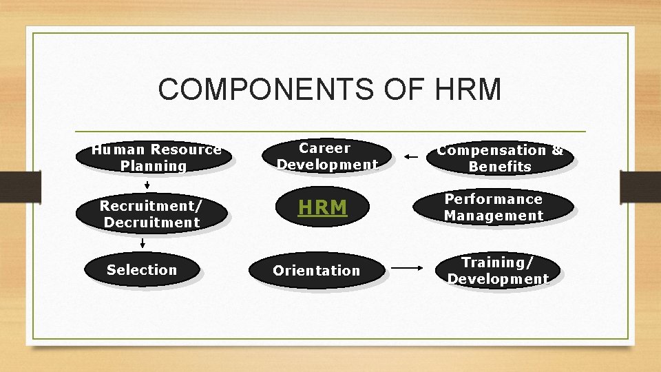 COMPONENTS OF HRM Human Resource Planning Recruitment/ Decruitment Selection Career Development HRM Orientation Compensation