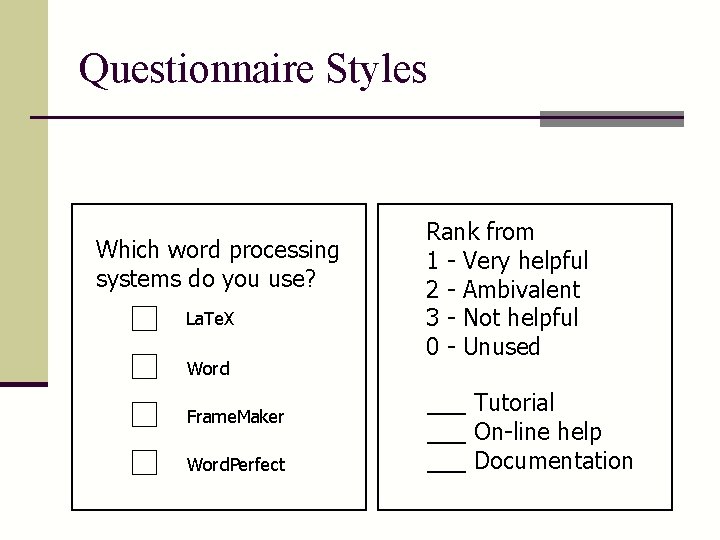 Questionnaire Styles Which word processing systems do you use? La. Te. X Word Frame.