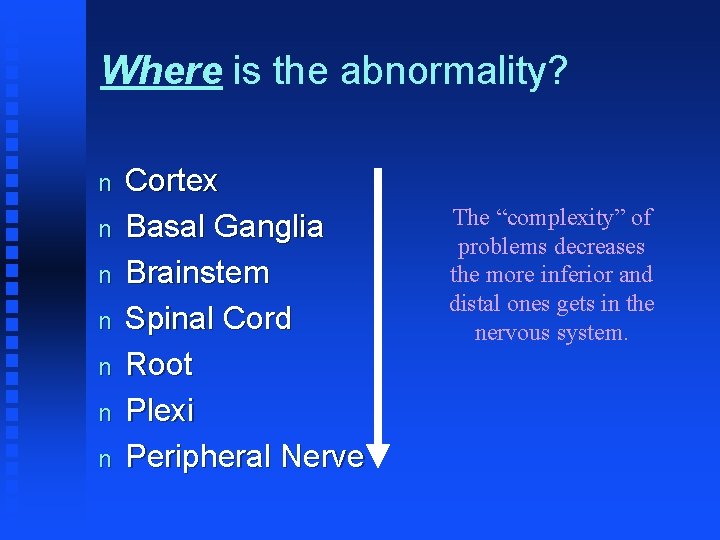 Where is the abnormality? n n n n Cortex Basal Ganglia Brainstem Spinal Cord