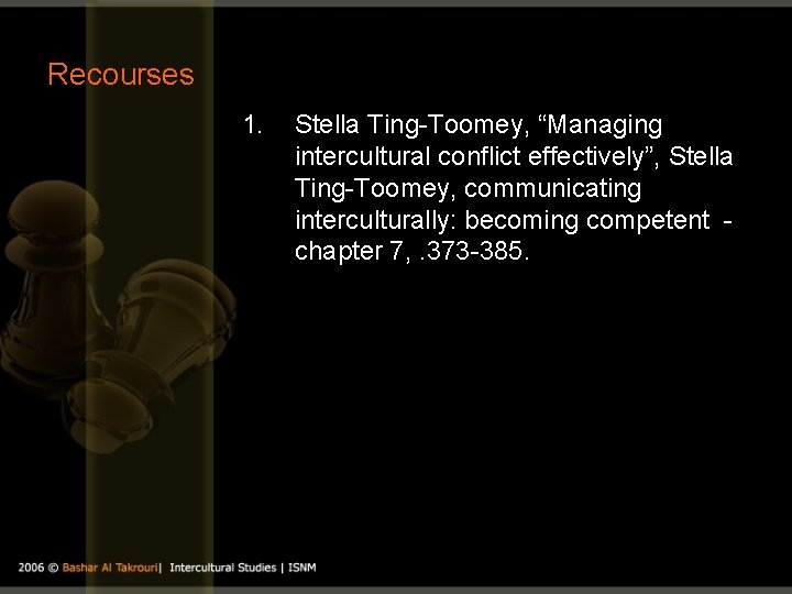 Recourses 1. Stella Ting-Toomey, “Managing intercultural conflict effectively”, Stella Ting-Toomey, communicating interculturally: becoming competent