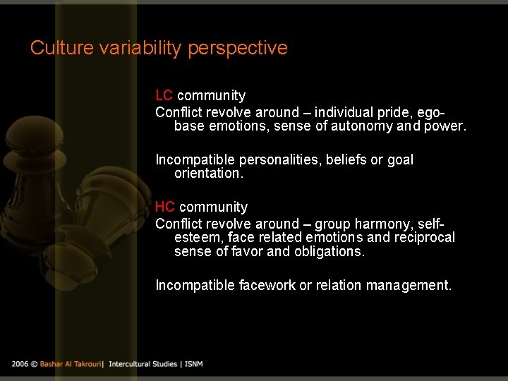 Culture variability perspective LC community Conflict revolve around – individual pride, egobase emotions, sense