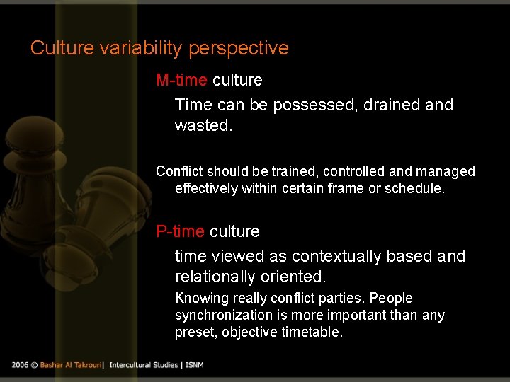 Culture variability perspective M-time culture Time can be possessed, drained and wasted. Conflict should