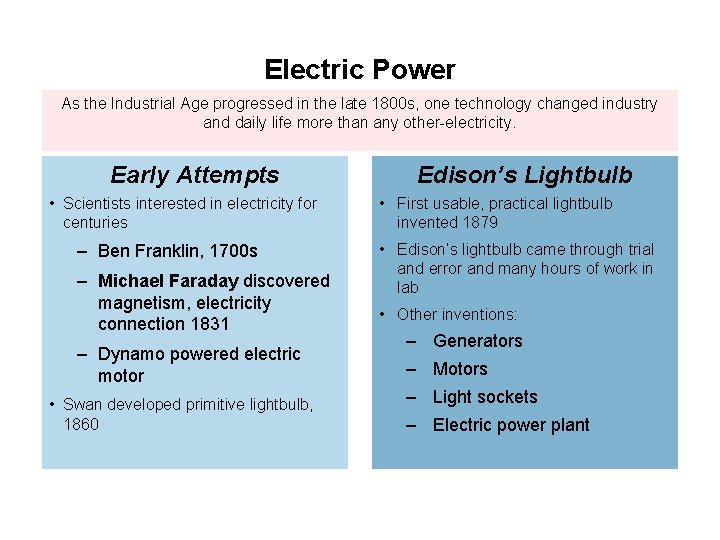 Electric Power As the Industrial Age progressed in the late 1800 s, one technology