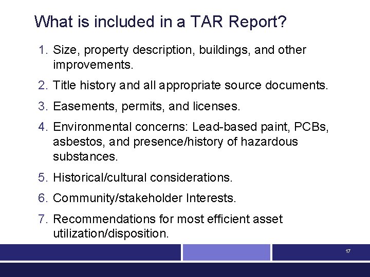 What is included in a TAR Report? 1. Size, property description, buildings, and other