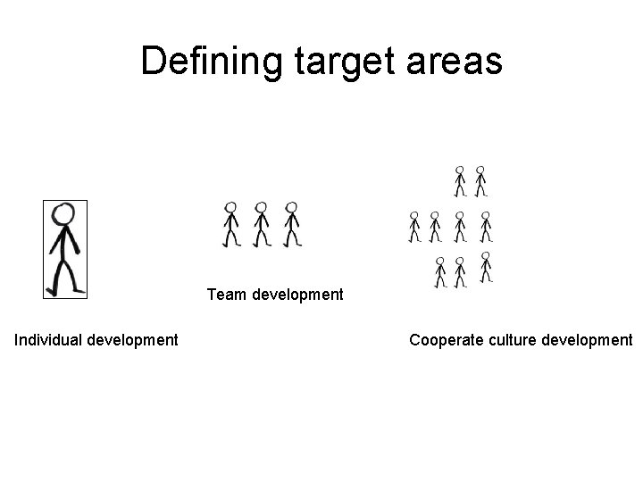 Defining target areas Team development Individual development Cooperate culture development 