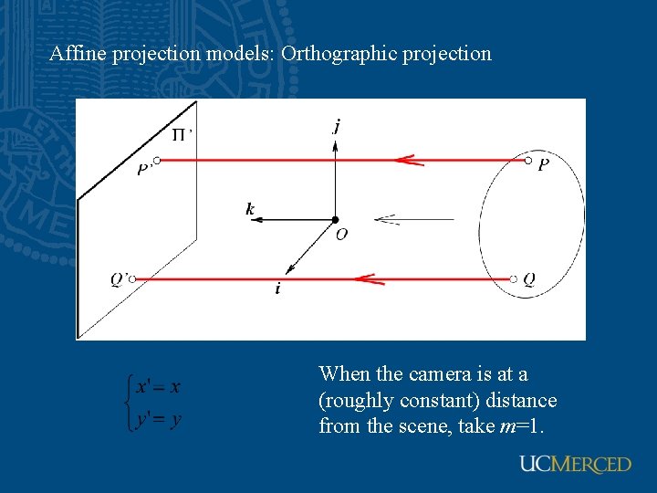 Affine projection models: Orthographic projection When the camera is at a (roughly constant) distance