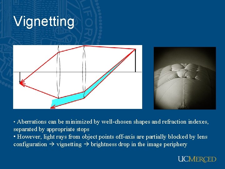 Vignetting • Aberrations can be minimized by well-chosen shapes and refraction indexes, separated by