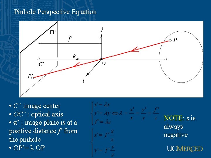 Pinhole Perspective Equation • C’ : image center • OC’ : optical axis •