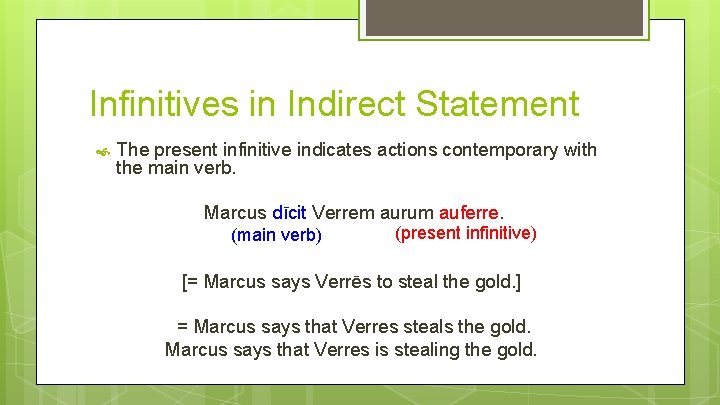 Infinitives in Indirect Statement The present infinitive indicates actions contemporary with the main verb.