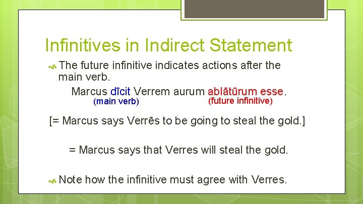 Infinitives in Indirect Statement The future infinitive indicates actions after the main verb. Marcus